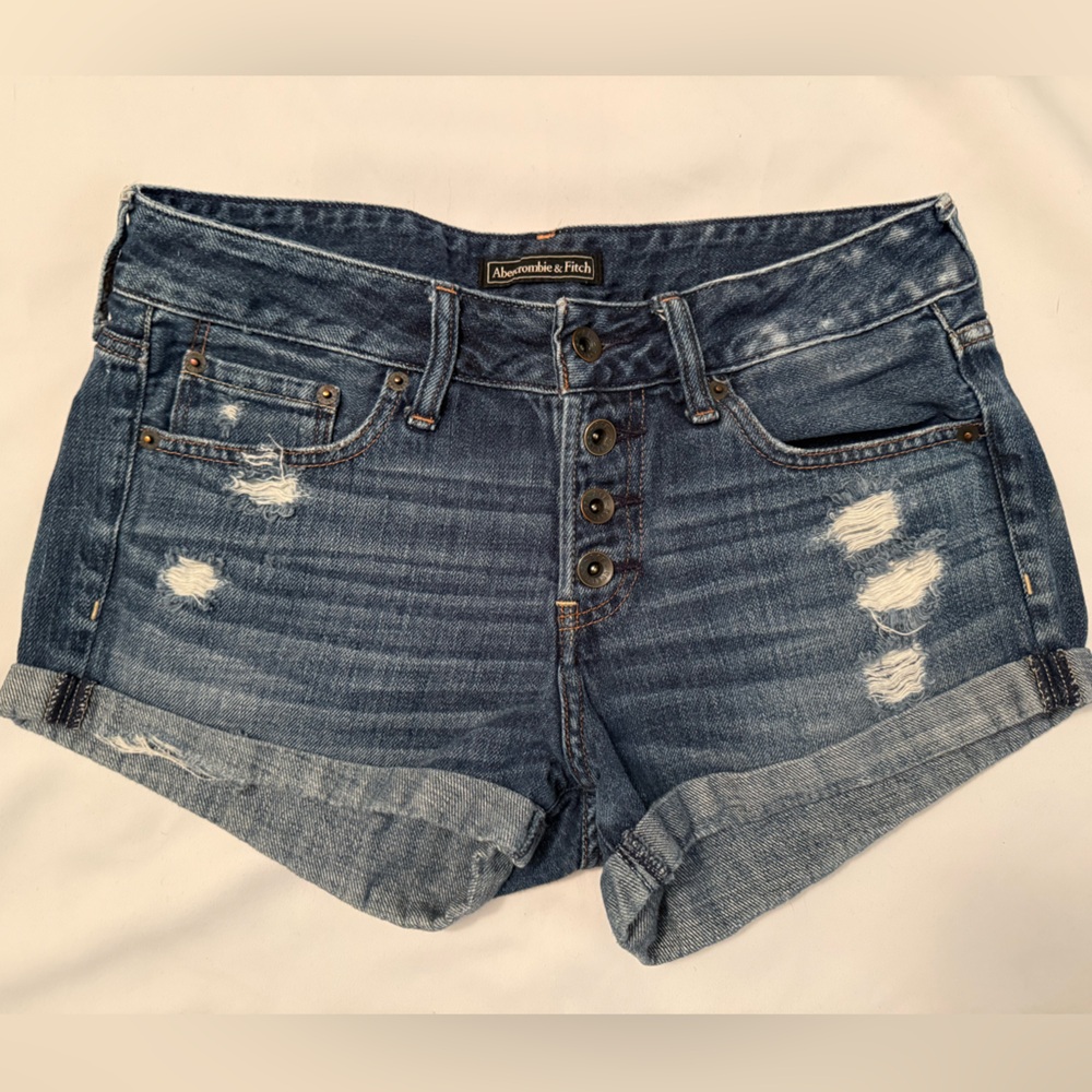A&F Distressed Denim Shorts High Rise Button Fly Rolled Cuff Womens Size 2